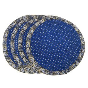 Valdrome Set of 6 Round Quilted Placemats Blue Gold Paisley Floral Vintage